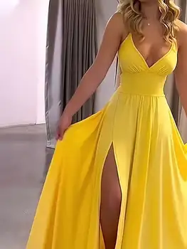 2026 casual sexy slit lace up backless camisole dress, elegant sleeveless V-neck cinched waist dress, women's party outfit 1