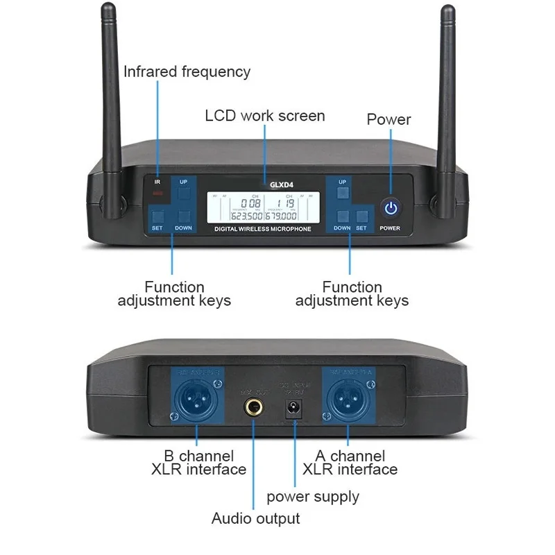 GLXD4-b58 무선 마이크 2채널 UHF 고품질 전문 무선 마이크 세트, 무대 및 파티에 적합
