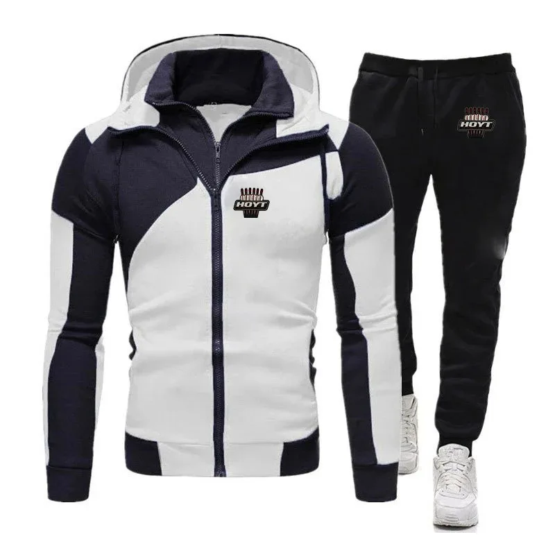 

Men Hoyt Archery Spring and Autumn Casual Printing Color Matching Hooded Hoodie + Trousers New Diagonal Zipper Suit