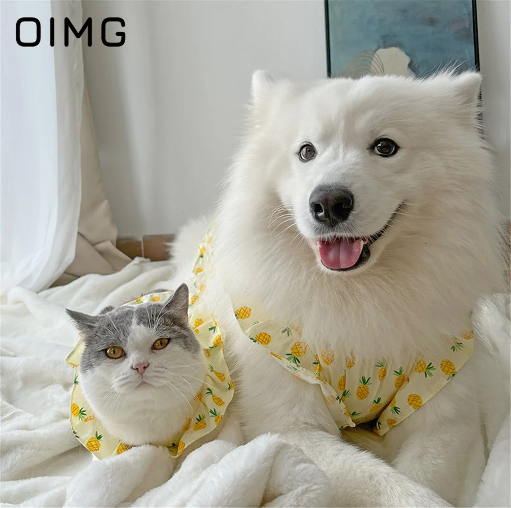 OIMG Pineapple Print Big Dog Dress Spring Autumn Thin Medium Large Dogs Clothing Samoyed Border Collie Labrador Hat Skirt Set