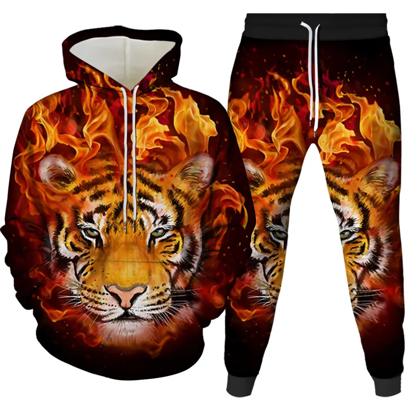 Men's 3D Printed Animal Tracksuit 2 Piece Hoodie Set Sports Outfit Tiger Pattern Suit Long Sleeve Comfortable Clothing With Hat