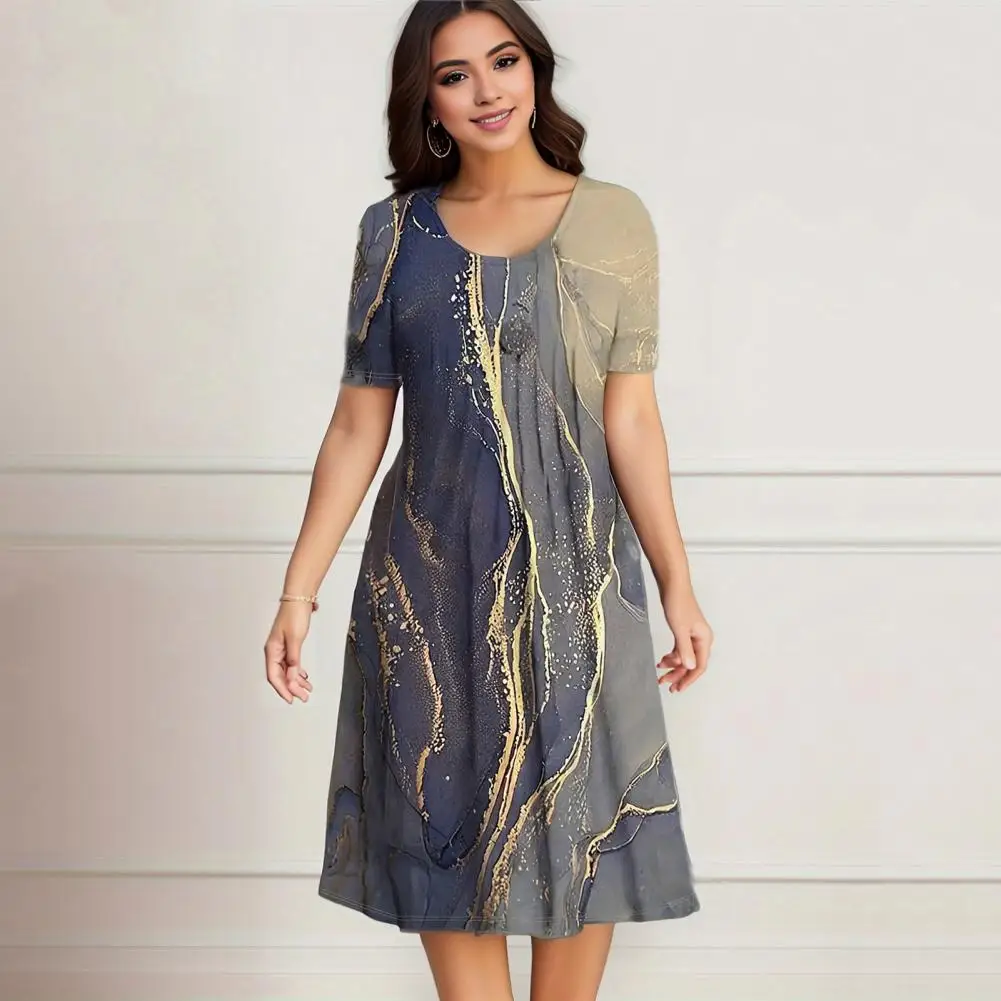 

Casual Printed Dress Loose Fit Dress Stylish Plus Size Women's Summer A-line Midi Dress with Contrast Color Print Soft