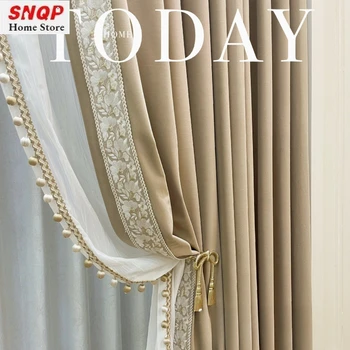 European Embroidered Lace Beige Velvet Curtains for Living Room Bedroom Dining Tulle Custom Size Window Decor Thick Elegant