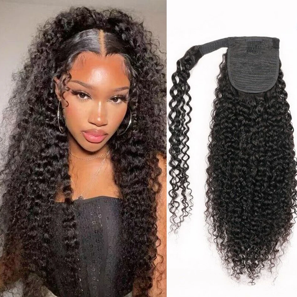 Human Hair Extensions Kinky Curly Ponytail Human Hair 100g Wrap Around Clip In Hair Extension Natural Color Remy Indian Body Wave Ponytails