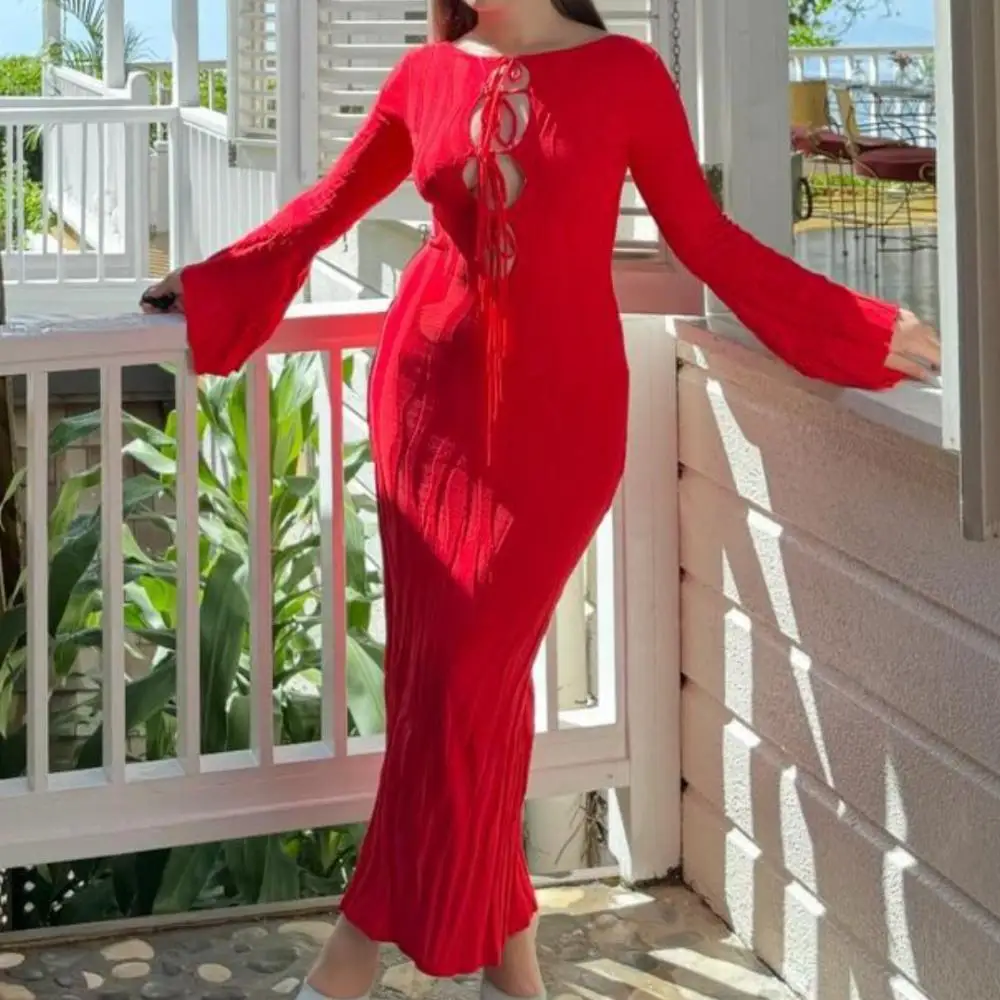 

Элегантные асимметричные платья со шнуровкой и расклешенными рукавами для женщин, сексуальное платье с высокой талией и вырезами, модные вечерние платья в виде звеньев