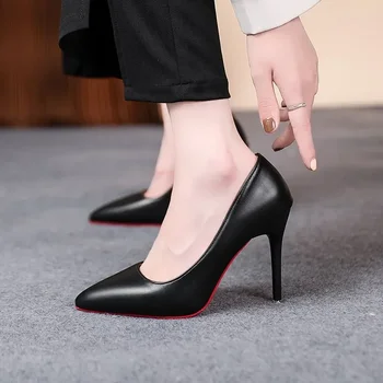 Sexy Fashion Women's Soft Leather Pumps Spring New Thin High Heels 2024 New Dress Shoes Ladies Stiletto Black Big Size 2