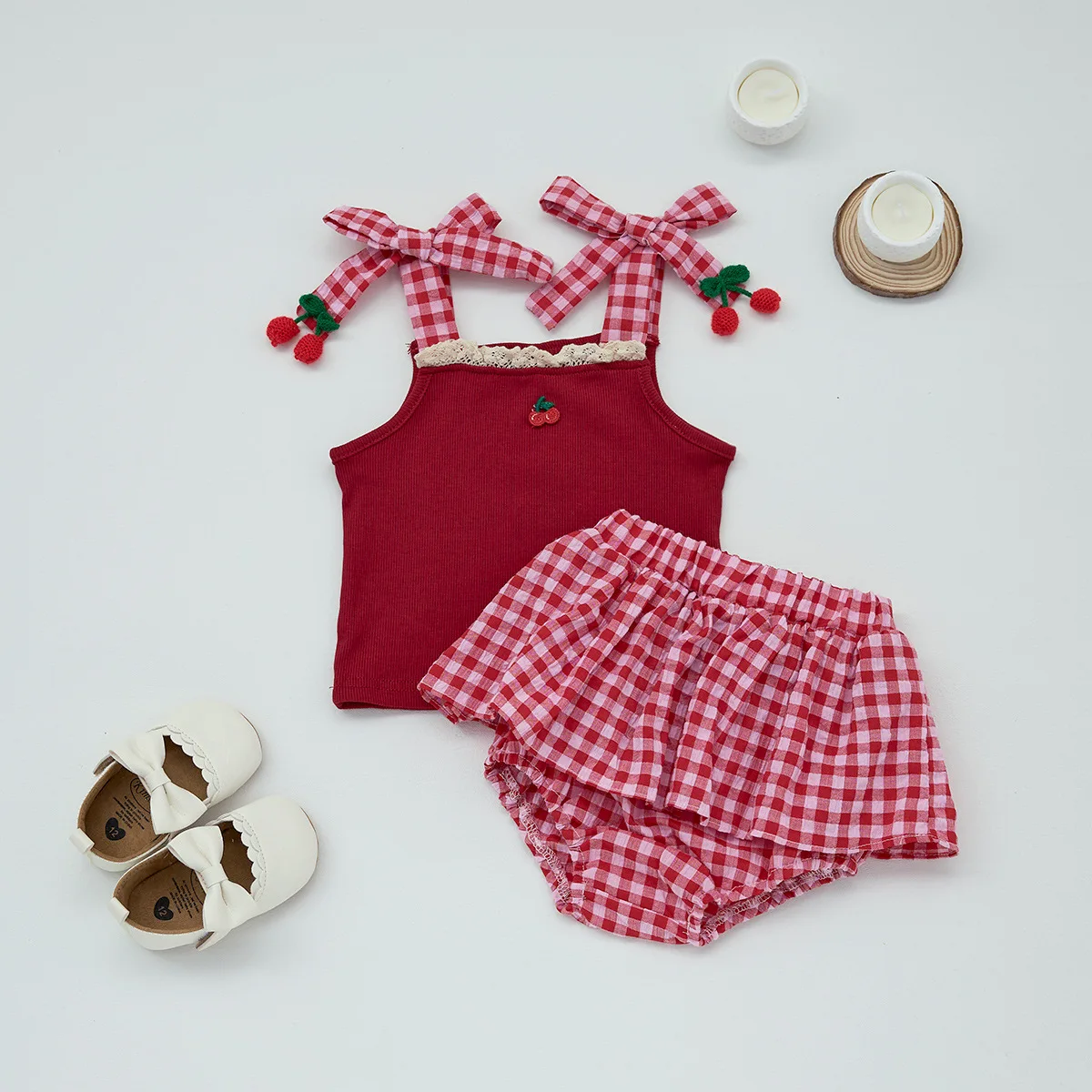 Cotton Summer Baby Girls Cherry Tee and Plaid Bloomers Set