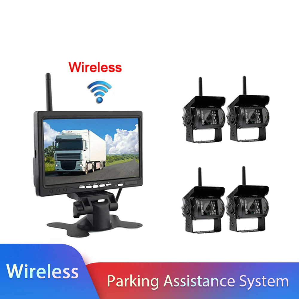 

Wireless 4 Backup Cameras IR Night Vision Waterproof with 7" Rear View Monitor for RV Truck Bus Parking Assistance System