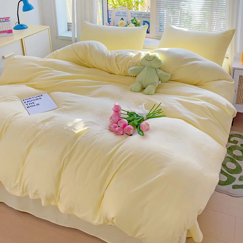 thumbnail image 1 of Juego de cama de color sólido de estilo INS de alta calidad, ropa de cama de algodón lavado, funda de edredón amarilla, sábana plana, funda de almohada, ropa de cama para niñas, 1 of 5