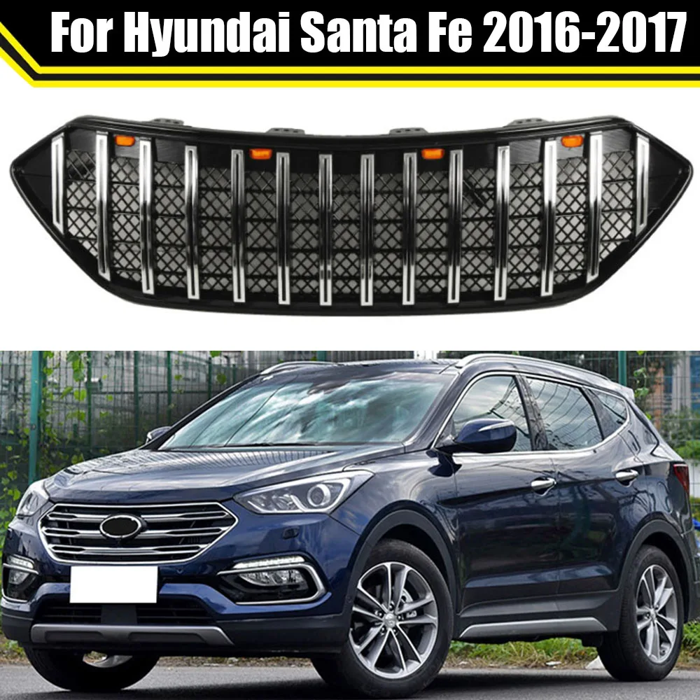 

Front Middle Racing Grille For Hyundai Santa Fe 2016 2017 Replace LED Lights ABS Grills Grid Mesh Style Bumper Mask Cover