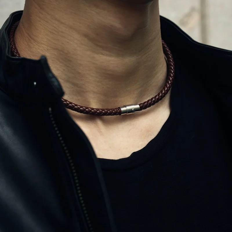 Punk Men's Leather Braided Rope Chain Necklace Stainless Steel Magnetic Clasp