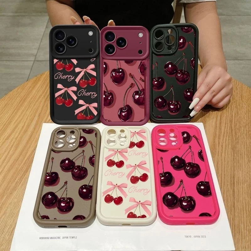 Charming Cherry Bow Wine Red Soft Matte TPU Phone Case