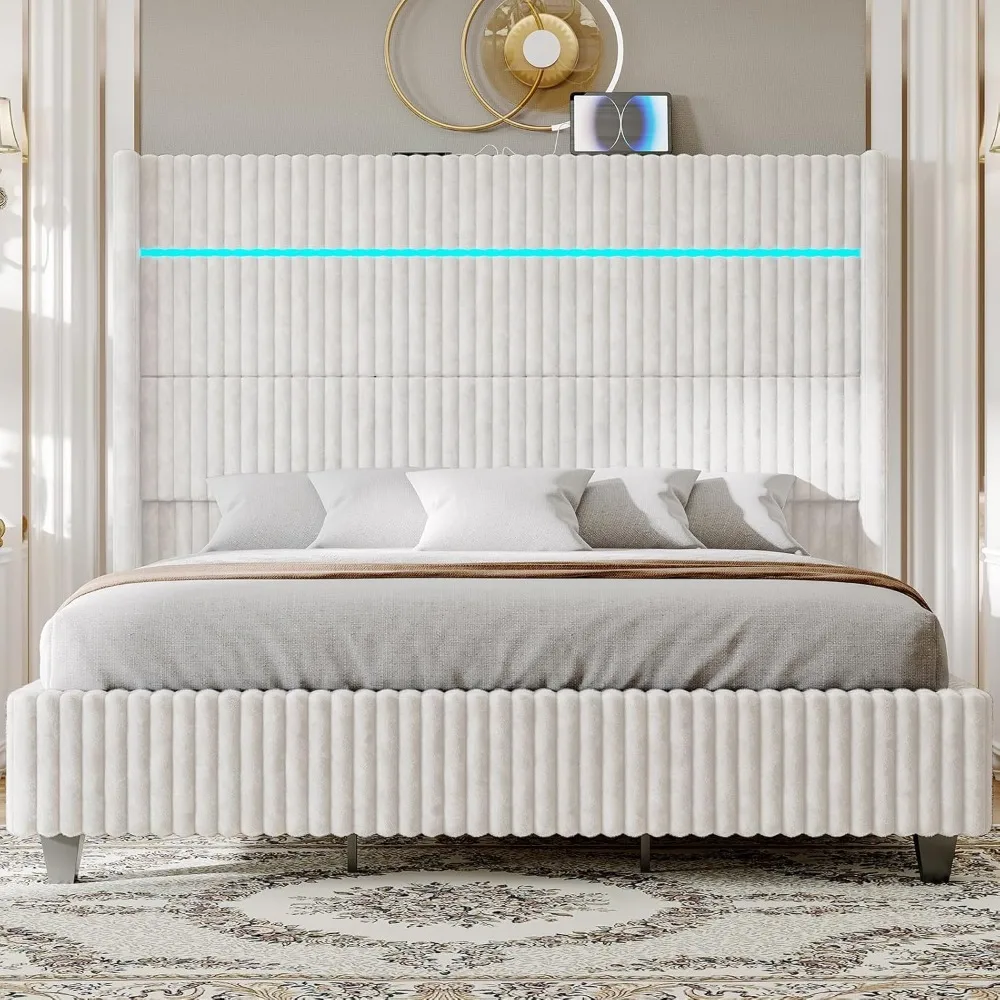 Queen Bed Frame with LED Lights, Corduroy Upholstered With 60" Tall Wingback Headboard and Charging Station, Beds Frames 4