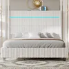 Queen Bed Frame with LED Lights, Corduroy Upholstered With 60" Tall Wingback Headboard and Charging Station, Beds Frames 4
