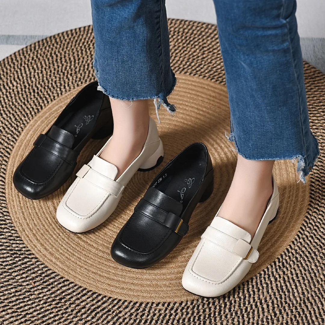 Square Toe Loafers 2022 Spring and Summer New First Layer Cowhide Elegant Low Heel Square Buckle Two-Way Leather Shoes