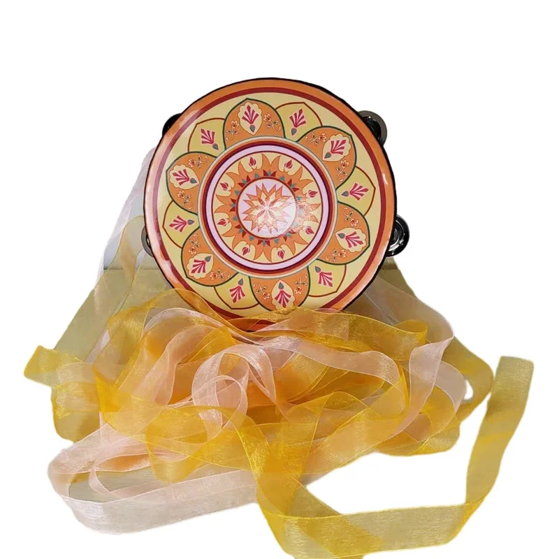 Chinese Hand Drum with Ribbon Bells Dunhuang Dance Stage Performance Decorative Tambourine Musical Instrument Photography Props