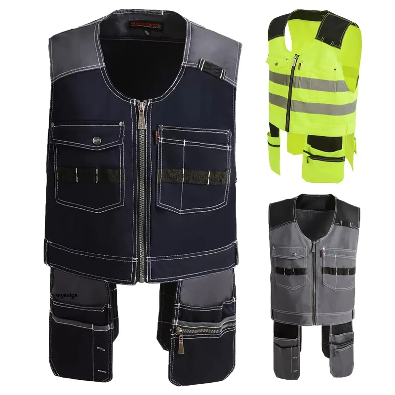 

Hi Vis Working Vest High Quality Men Male Outdoor Workwear Waistcoat Work Vests Multifunction Tool Multi Pockets Vests Blue/grey