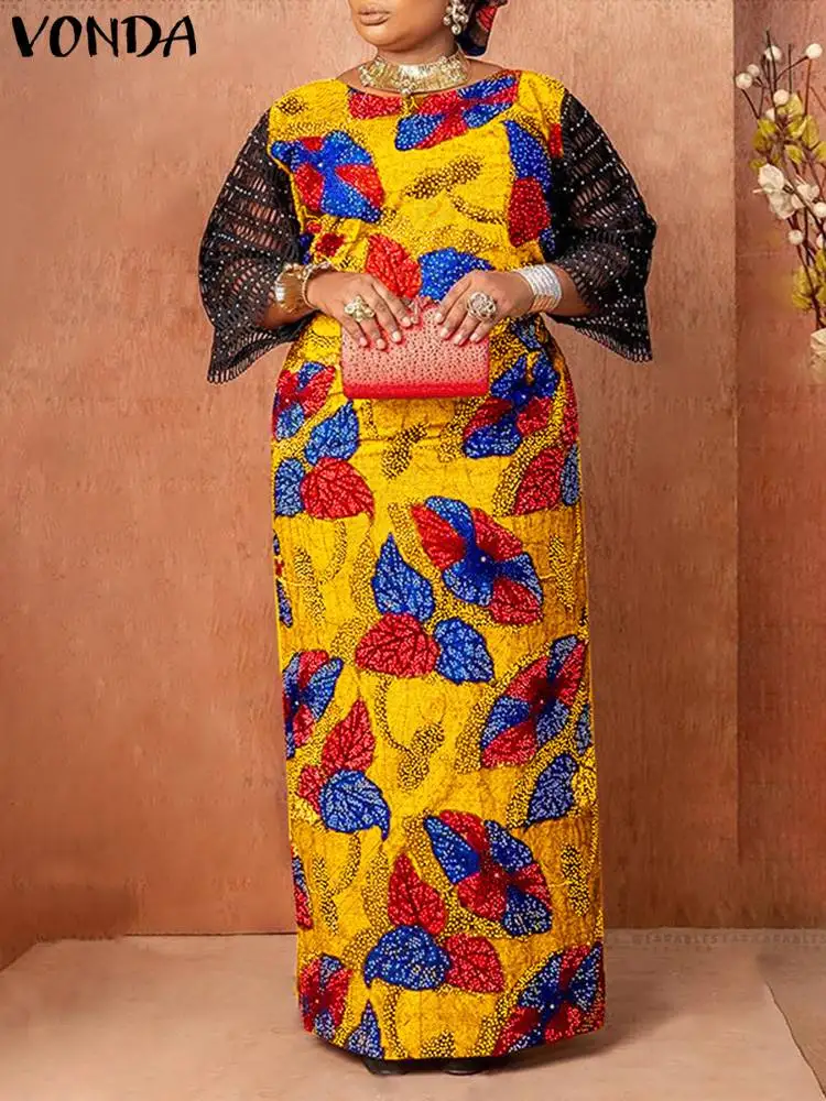 

Plus Size 5XL VONDA Women Summer Maxi Dress 2023 Vintage Printed Bohemian Long Vestido 3/4 Sleeve Casual Patchwork Party Robe