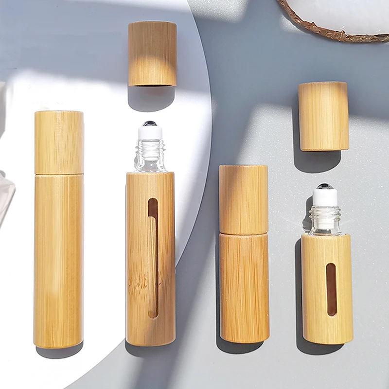 Bamboo Roll on Bottle Wood Roller Essential Oil Lip Gloss Refillable Tube Empty Wood/Glass Perfume 1PC 3/5/10ml
