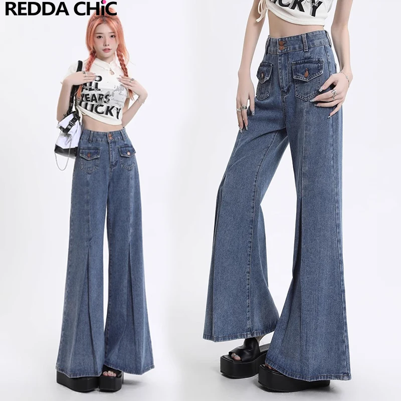 

Женские джинсы с широкими штанинами ReddaChic, повседневные Однотонные голубые расклешенные джинсы с высокой талией, корейские модные брюки с широкими штанинами