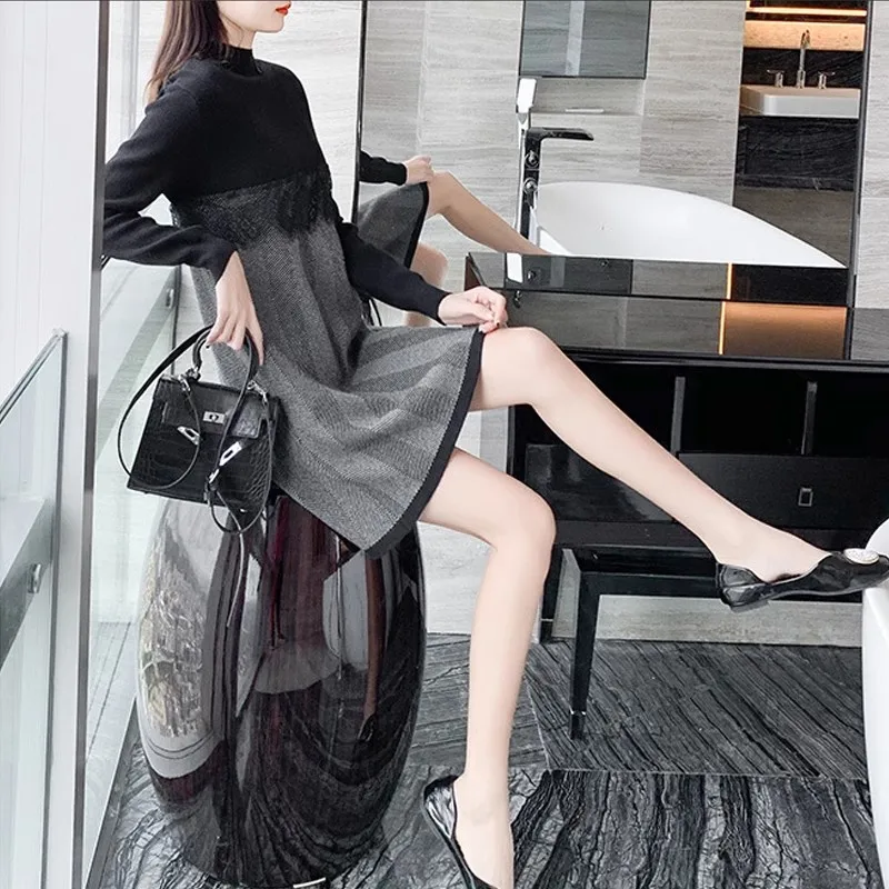 

Thickened Knitted Dress for Women's 2023 Autumn/Winter New Half High Neck Loose Slim Medium Length Sweater Skirt Black Dresses
