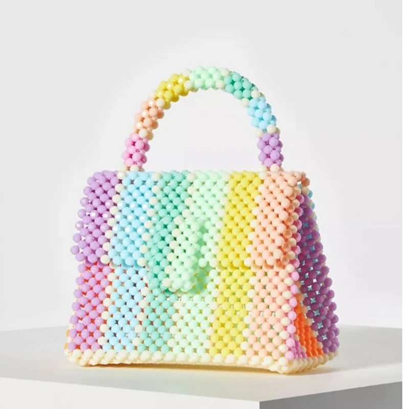 

Summer Colorful Large Capacity Women's Bag New Rainbow Splicing Beaded Weaving Flip Ladies Handbag Customized Finished Product