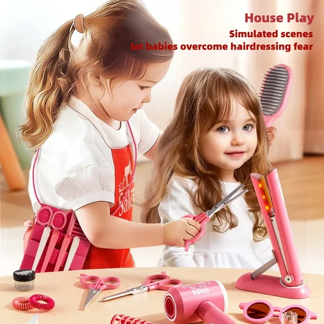 Girls Beauty Salon Set pretend play Hairdresser Toy Hair Cutting Kit With Hair Dryer Scissor Apron And Stylin Accessories