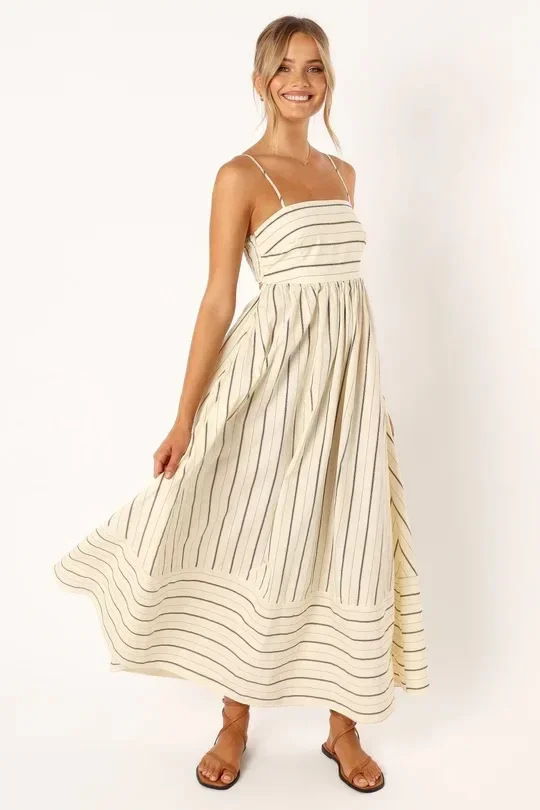 Vestido largo con estampado a rayas para verano, traje largo sin mangas con tirantes, Espalda descubierta, informal, 2023