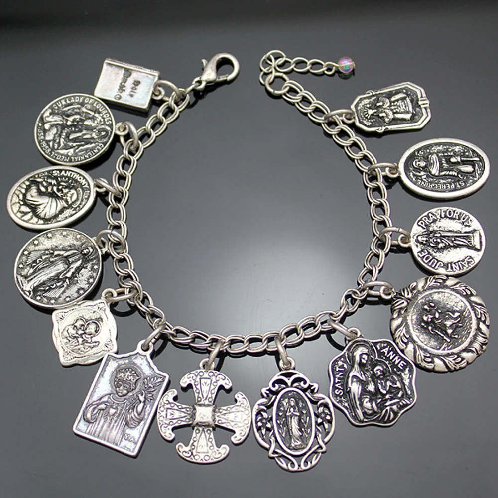 Vintage Bracelet Catholic Religious Medals Saints Cross Pendant Link Chain Women Man Charms Bangle Jewelry Gifts