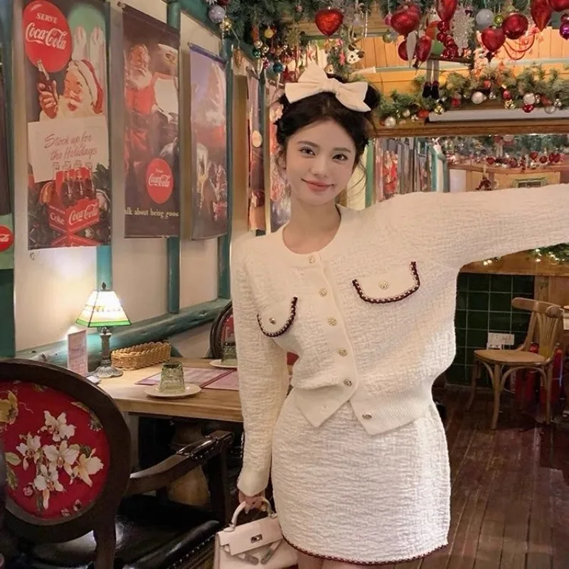 

Christmas Sweet Cardigan Skirt Two-piece Set Women Korean O-neck Bright Silk Splice Fashion Temperament Solid Slim Knit Suit New