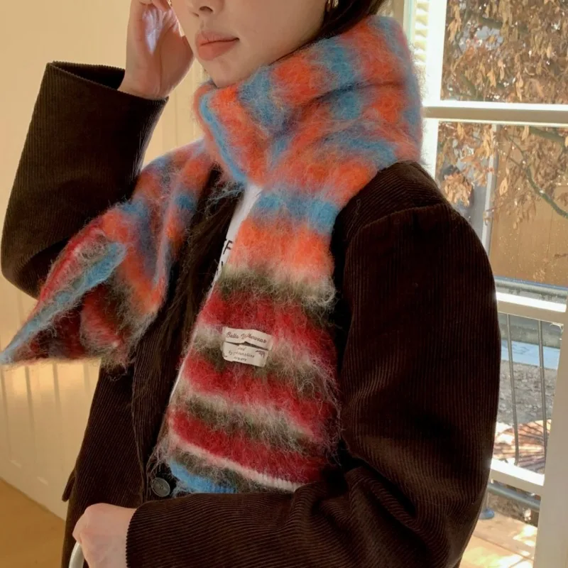 New Korean Stylish Graduated Color Striped Women Men Scarf Thick Thermal Knitted Female Scarves Fashion Design Decorate Muffler - Image 5