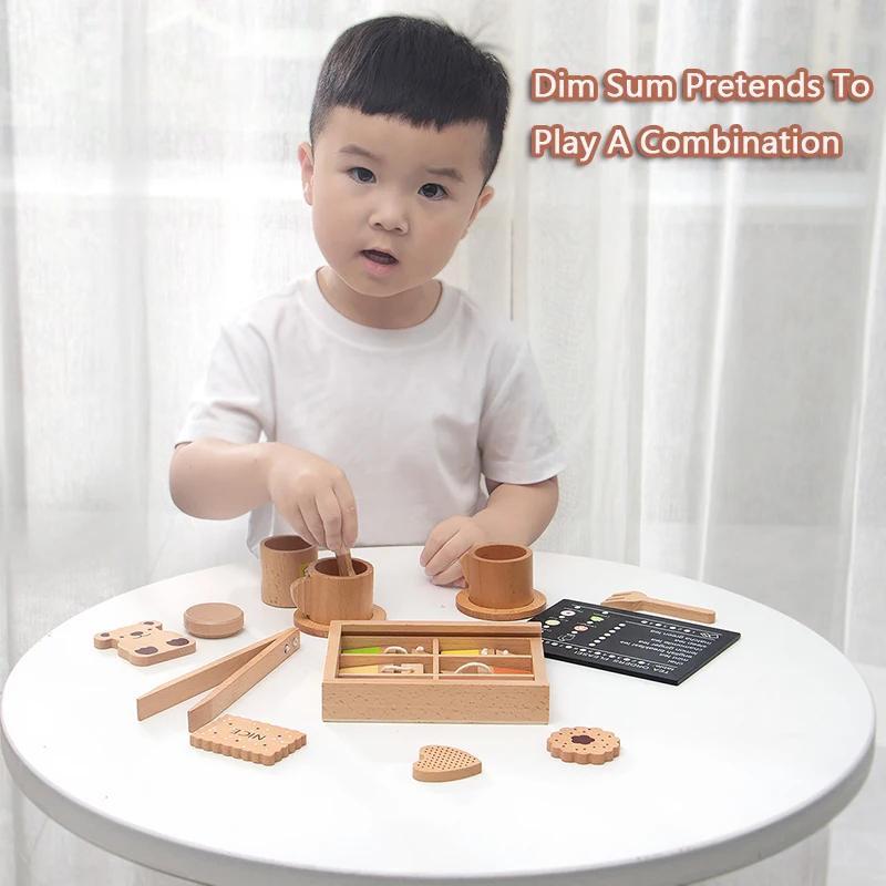 Wooden Pretend Play Food Kitchen Toys Biscuit Coffee Afternoon Tea Set Kids House Play Educational Cooking Game Toys for Girls