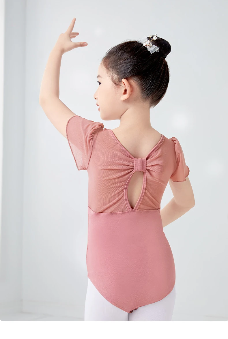 Mädchen Baumwolle zurück Bowknot Ballett Tanz Trikots Kinder Blume Knospe Ärmel Mesh Spleiß Gymnastik Bodysuit – Detail 1
