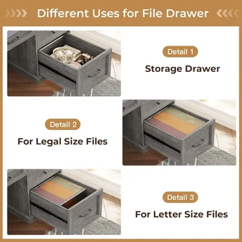 Farmhouse Executive Desk with File Drawer, Computer Desk with Charging Station & LED Lights, Home Office Desk with Drawers & Sto 3