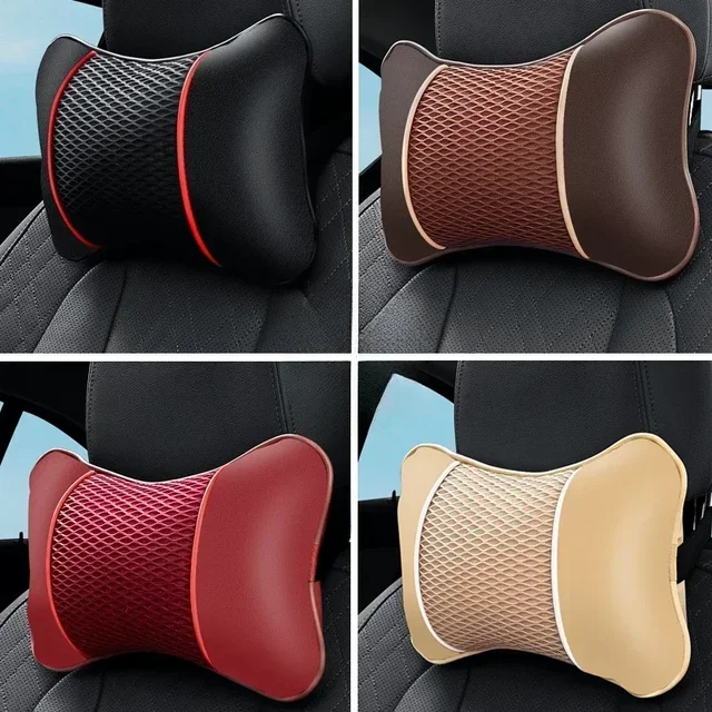 Leather Knitted Car Pillows Headrest Neck Rest Cushion Head Support Seat Accessories Auto Black Safety Pillow Universal Decor 1