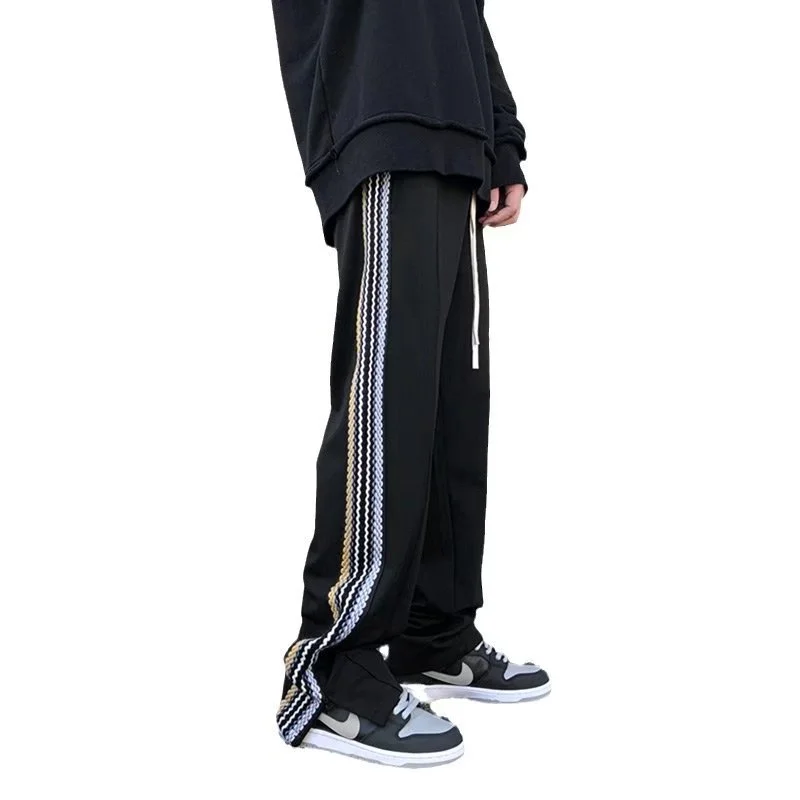E-BAIHUI Black Men Pants Side Braid Stitching Stripes Sweatpants Streetwear Men Spring and Autumn Loose Slit Mop Pants for Male