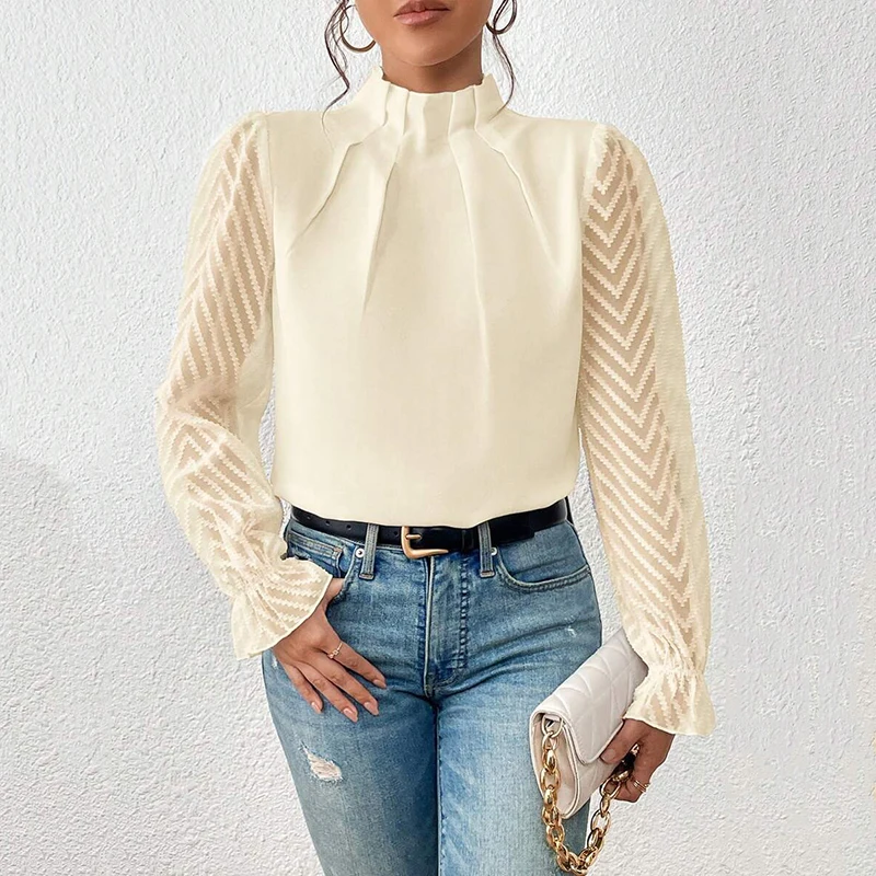 

Commuting Office Women Blouse Fashion Solid Color Stand Collar Ruched Shirt Elegant Causal Wave Gauze Long Sleeve Blouse Female