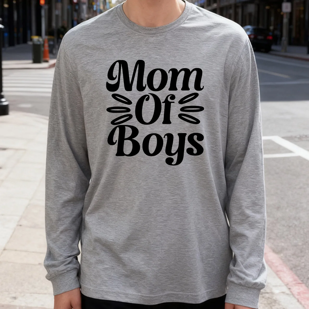 Mom of Boys Men's Long Sleeve T-Shirt 180g 100% Cotton Printed Crew Neck Casual…