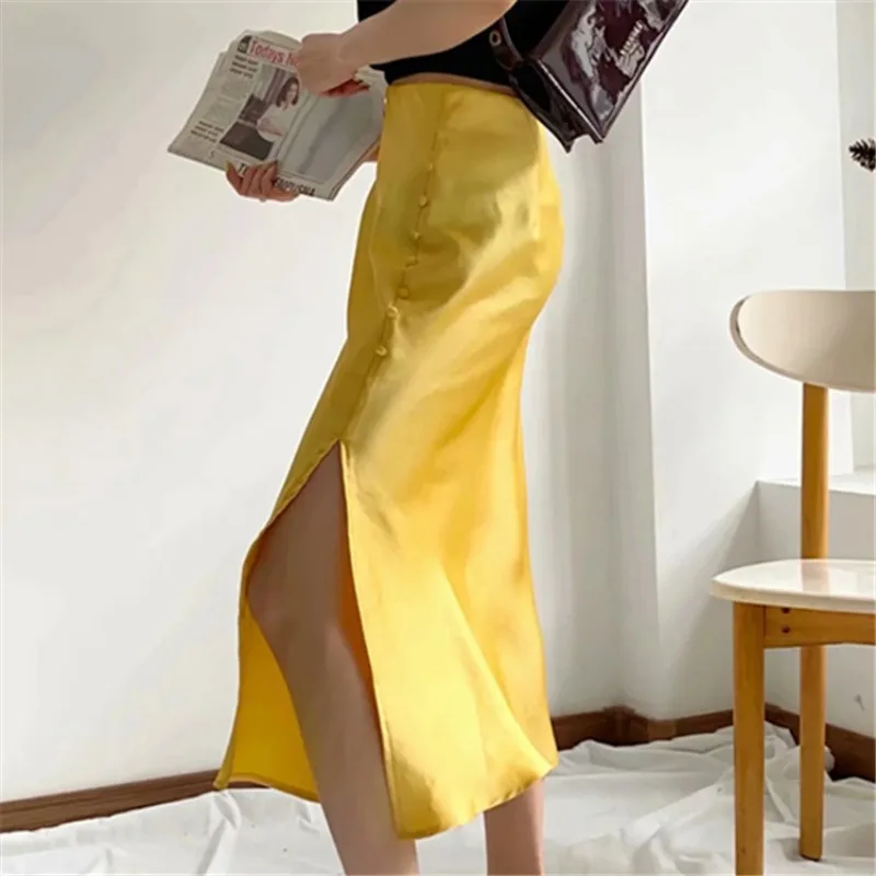 2024 New Women Summer Wrapped Skirts Fashion Sexy Slit A-line Skirts Female Beach Holiday Satin Midi French Elegant Casual Skirt