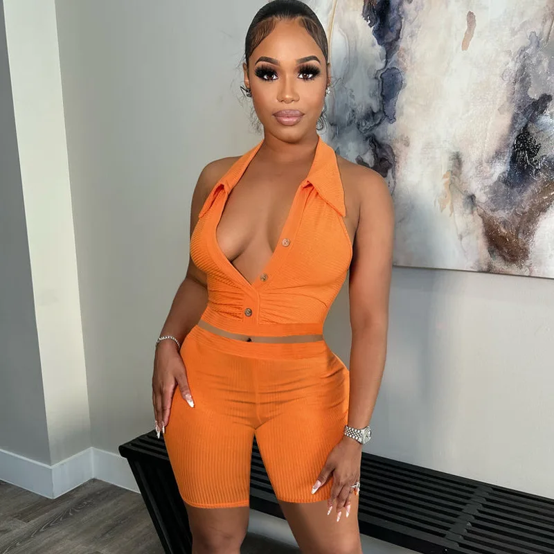 

2022 Summer Women Solid Color Sleeveless Halter Neck Cropped Top High Waist Shorts Two-piece Set