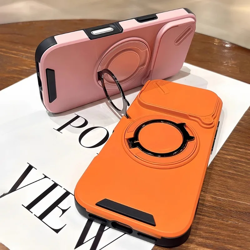 Luxury Heavy-Duty Armor Slide Camera Case with Magnetic Rotate Ring Holder