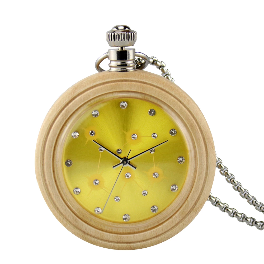 Wooden Fashion Constellation Quartz Pocket Watch Chain Men Women Vintage Pendant Necklace Gifts With Box Unique Design Clock