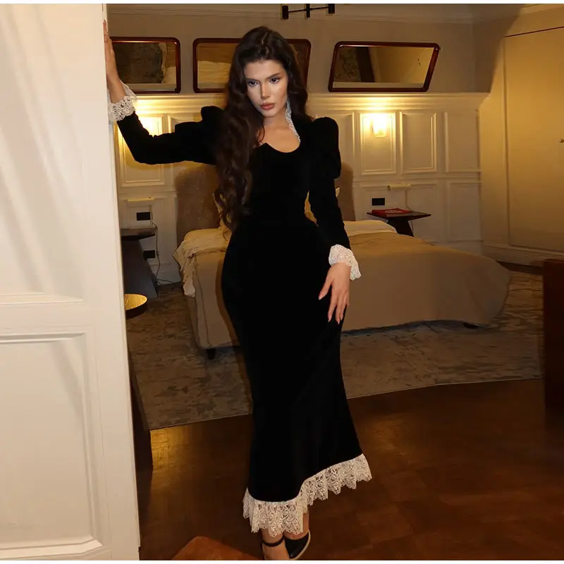 Vintage Floral Square Collar Long Dresses Women Elegant Puff Sleeve Lace Patchwork Maxi Dress Female Spring Chic Street Evening