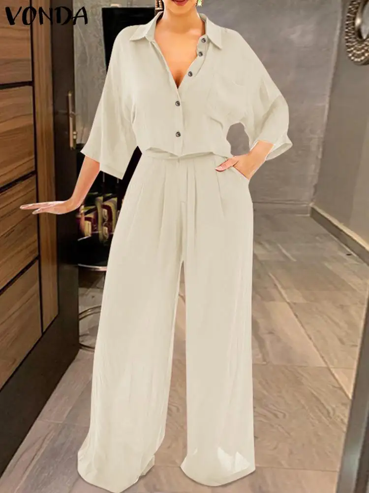 

VONDA Women Elegant Pant Sets 2024 Autumn Casual Matching Sets 3/4 Sleeve Solid Tops and Elastic Waist Wide Leg Pants 2PCS