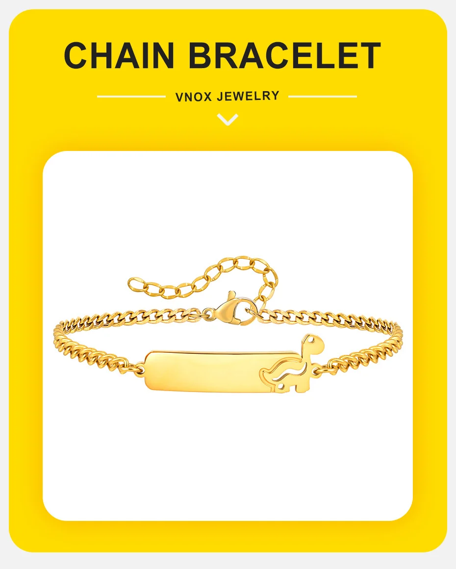 Vnox Kostenloses graviertes Armband, Edelstahl-Twist-Kette, hohles Dinosaurier-Armband mit gebogenem Namensschild, wasserdichter Damenschmuck – Detail 4
