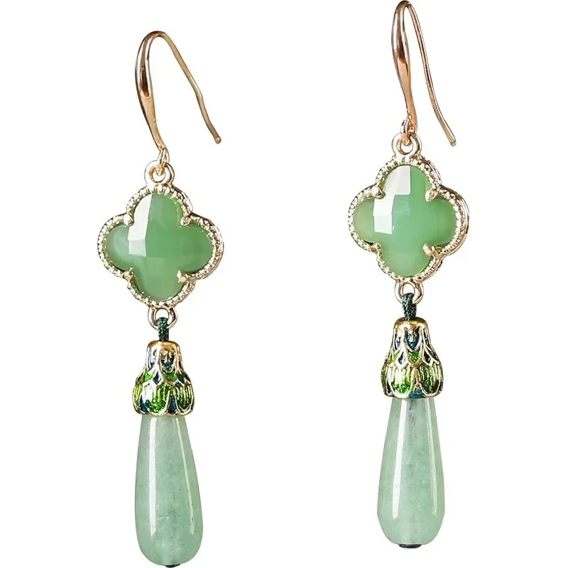 CHUANGCHENG S925 Sterling Silver Jade Women's for Earrings Elegant Long Style Accessories Simple Green Jade Earrings