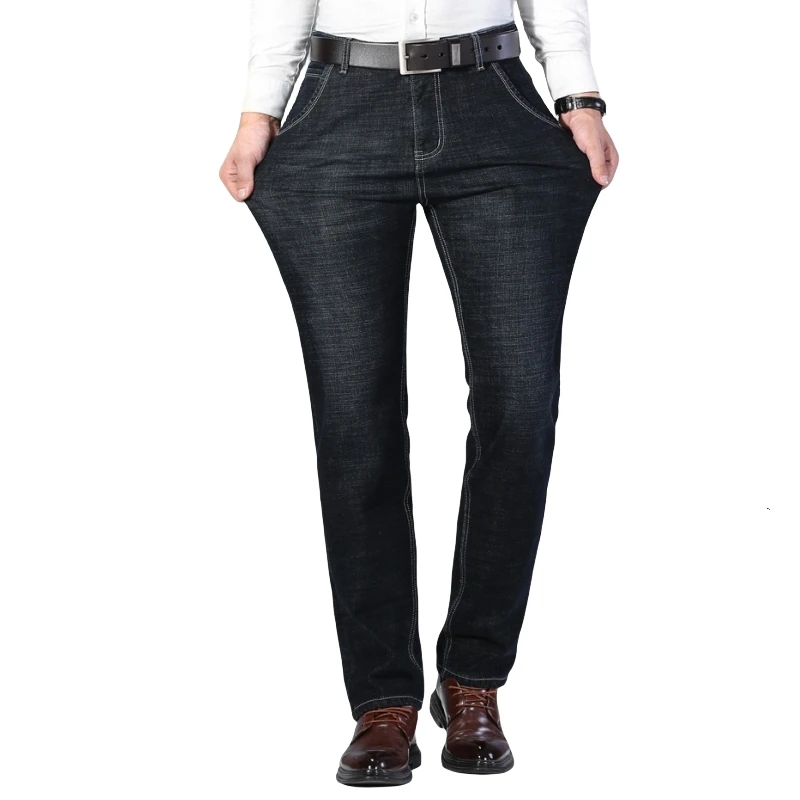 Black Straight Fleece Men Jeans Winter Elasticity Warm Velvet Thick Loose Stretch Denim Trousers Brand Male Fit Pants Baggy