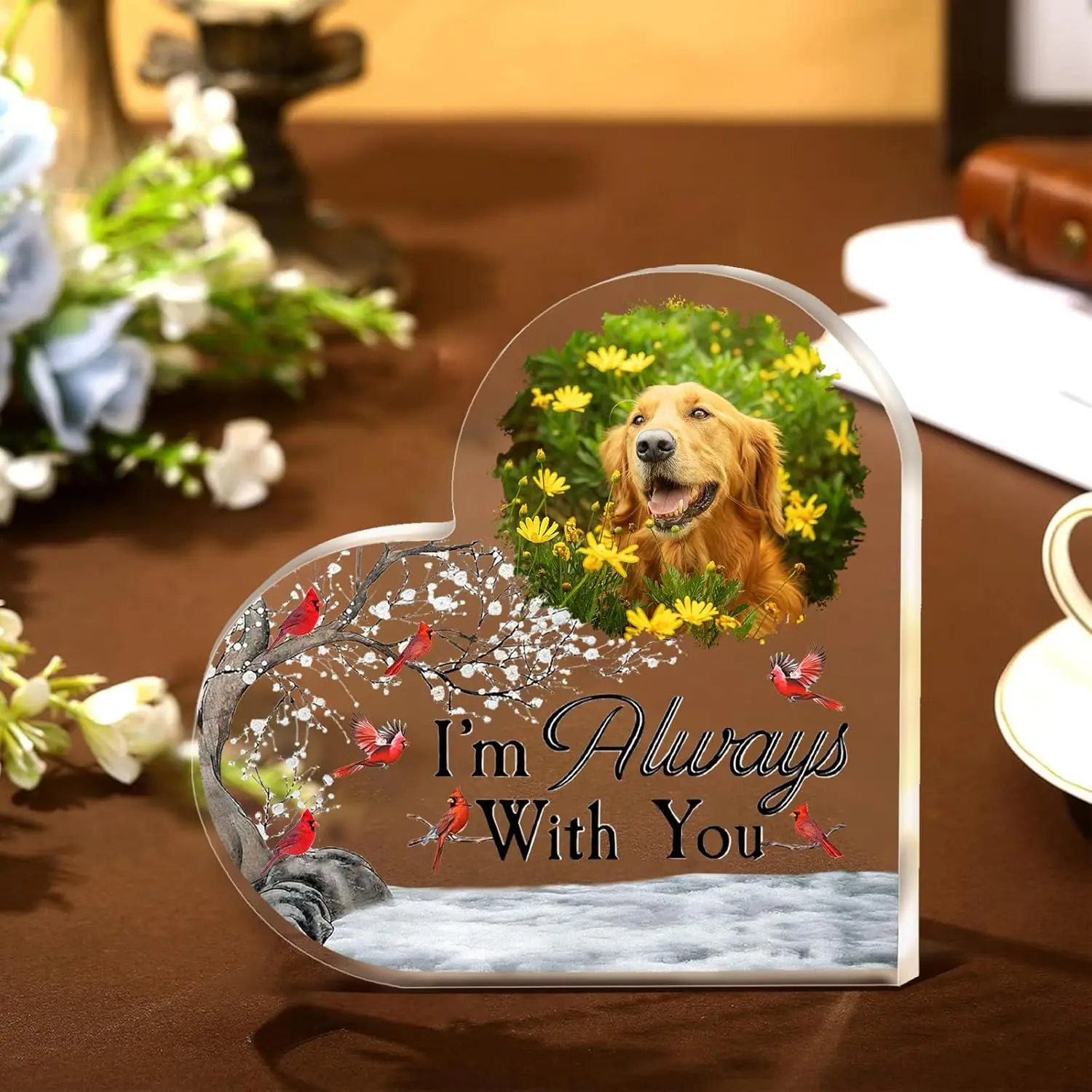 New Pet Relative Memorial Photo Plaque Personalised Sympathy Gift Acrylic Heart Shaped Condolence Plaque Memorial Decoration