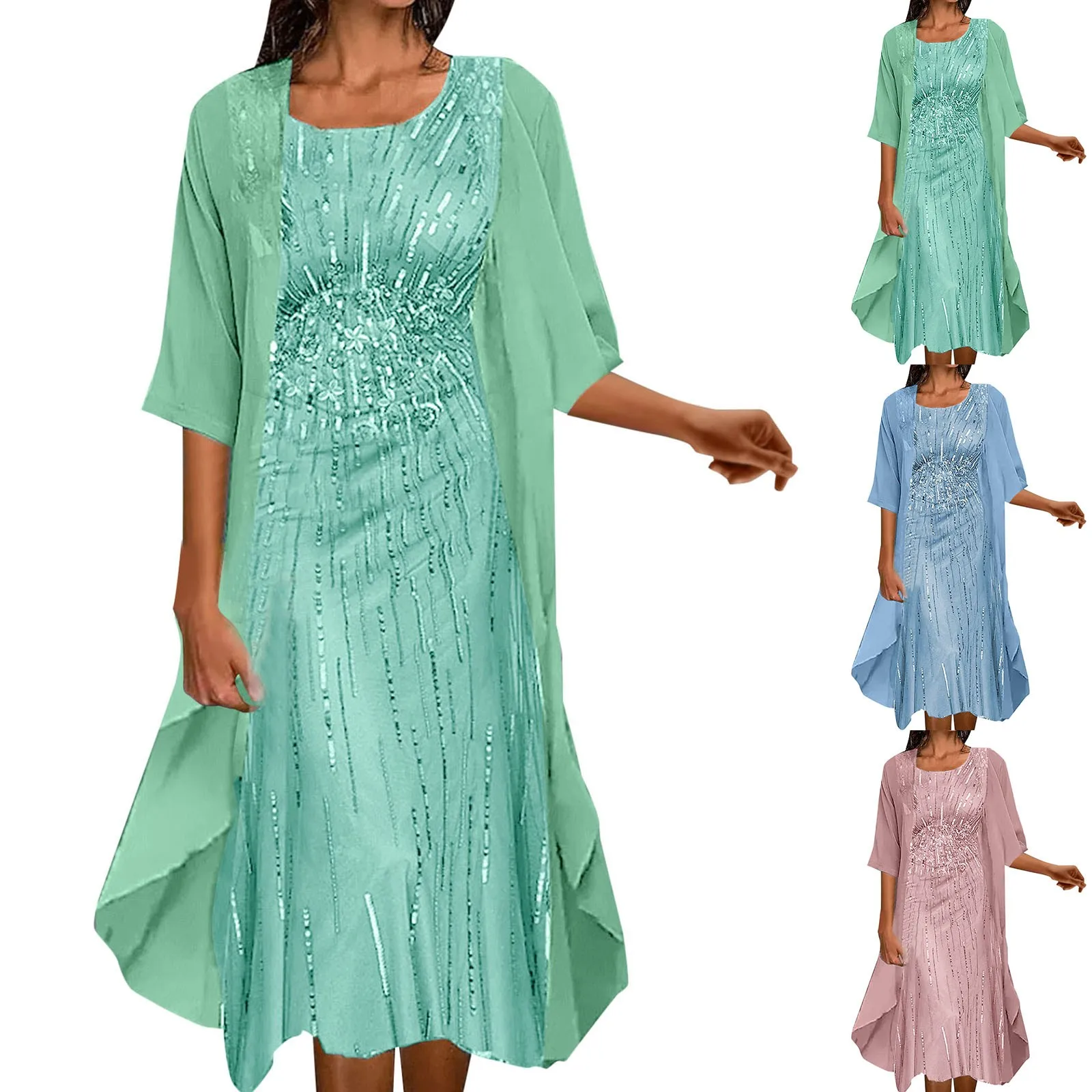 Plus Size Ladies Dress Spring Summer 3 4 Sleeve Cardigan Dress Set plus-size-ladies-dress-spring-summer-3-4-sleeve-cardigan-dress-set