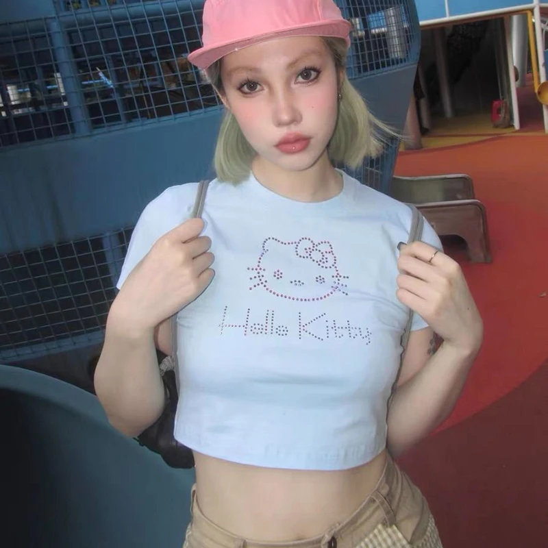 

Милый Летний топ с коротким рукавом Hello Kitty Sanrio с аниме, симпатичная мультяшная привлекательная футболка, милый подарок для девушек
